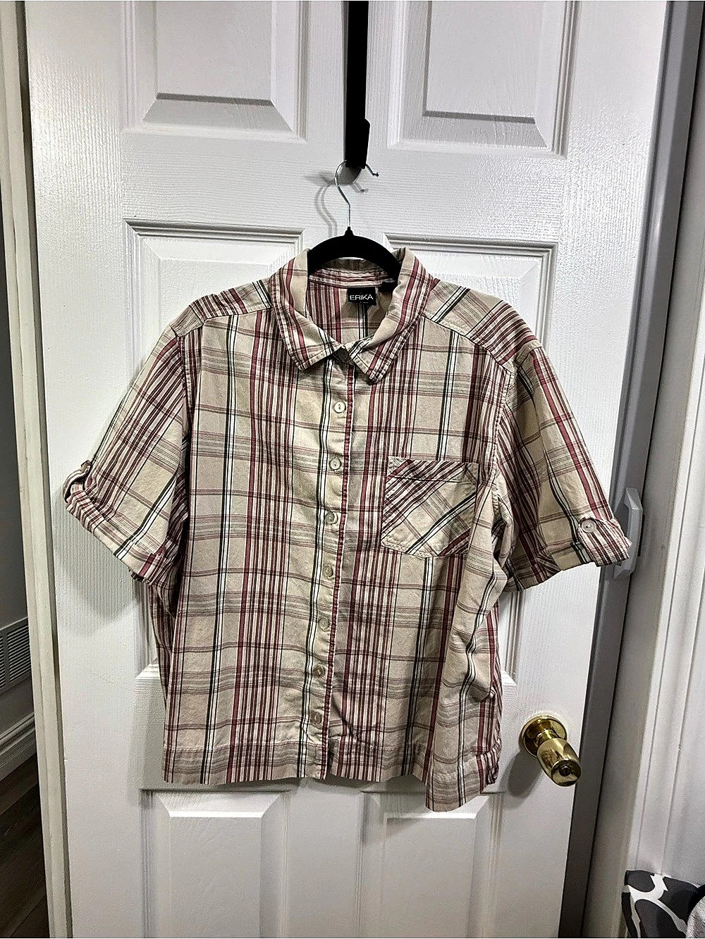 ERIKA Plaid Cotton Button Down in Cream & Red 2X Like New
